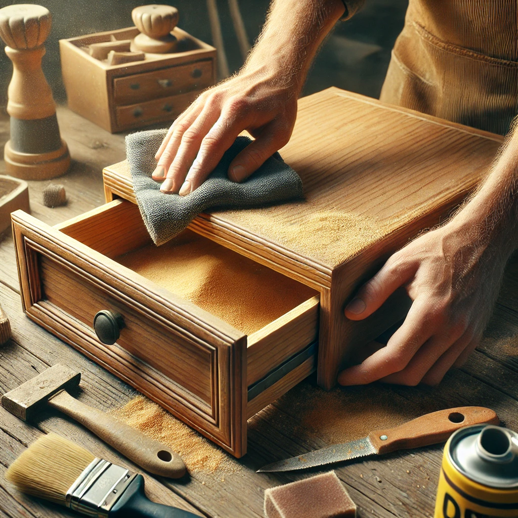 Persona limpiando un cajón de mueble en un taller, preparándolo para lijar y eliminar imperfecciones, en un entorno de bricolaje acogedor.
